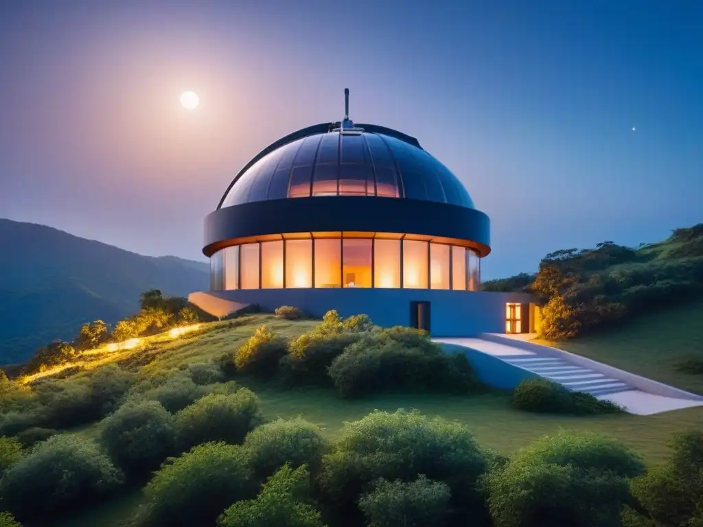 Observatorio astronómico ecofriendly en la montaña, bajo un cielo estrellado y la luna llena, ideal para el turismo