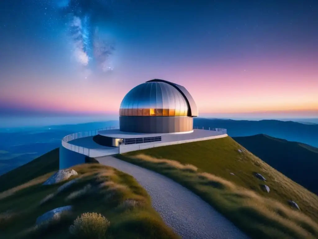 Un observatorio moderno y sostenible en la cima de una montaña bajo un cielo estrellado