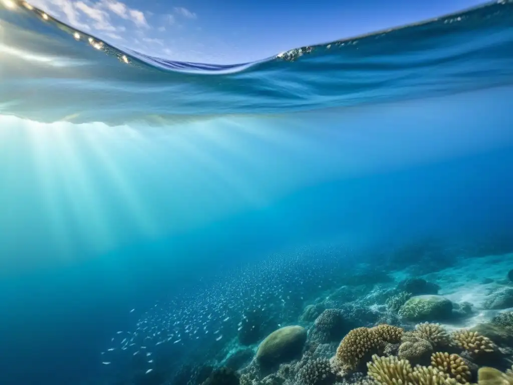 Un océano azul con microplásticos flotando, peces y tortugas