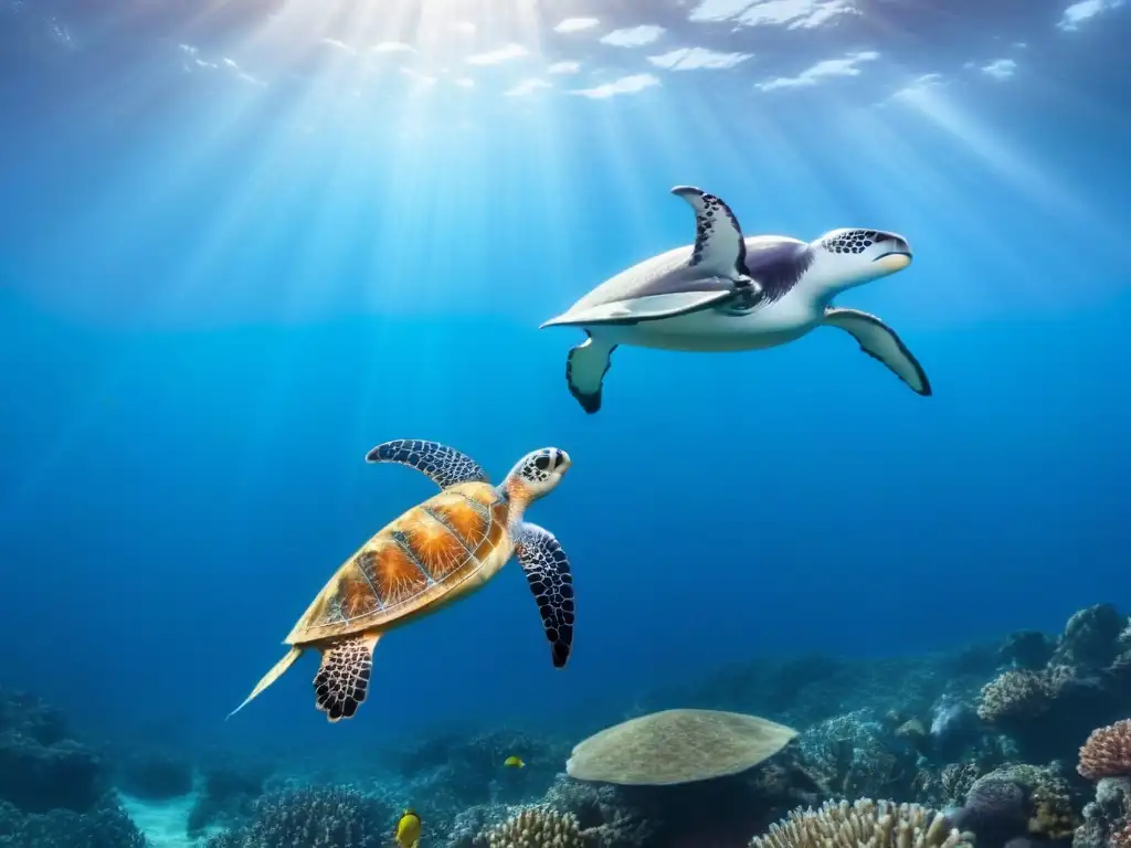 Un océano azul profundo rebosante de vida marina, con corales, peces coloridos, tortugas y ballenas, transmite armonía y la Importancia de los océanos