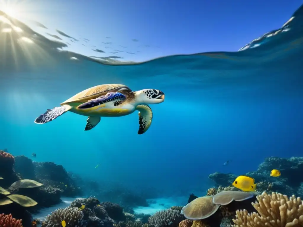 Un océano cristalino rebosante de vida marina, con peces coloridos, corales vibrantes y tortugas marinas, bajo una luz suave