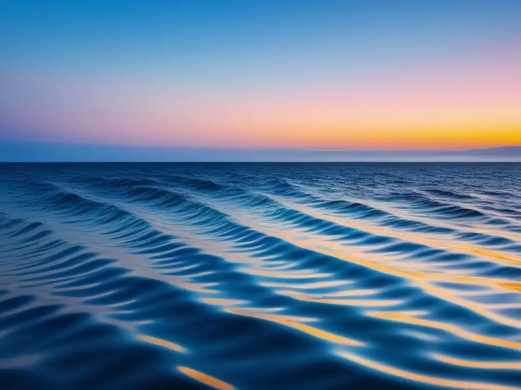 Un océano cristalino y sereno al atardecer, reflejando la importancia de la economía azul sostenible global