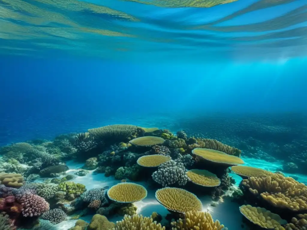 Un océano sereno refleja un arrecife de coral, donde peces nadan