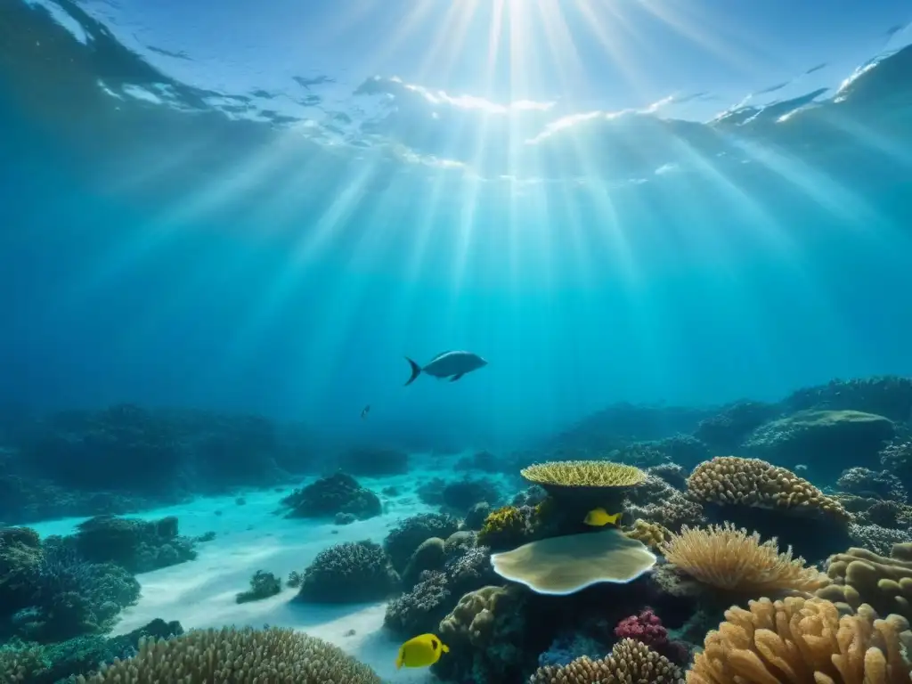 Maravilla marina: vida y fragilidad en aguas cristalinas Un océano sereno con arrecifes de coral y vida marina, luz solar filtrándose