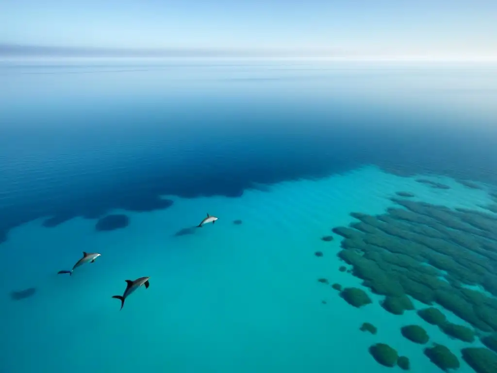 Un océano sereno y vasto con aguas cristalinas azules, reflejando la luz del sol