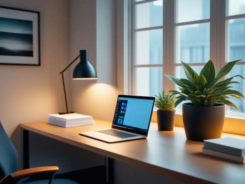 Oficina en casa minimalista bañada por luz natural dorada