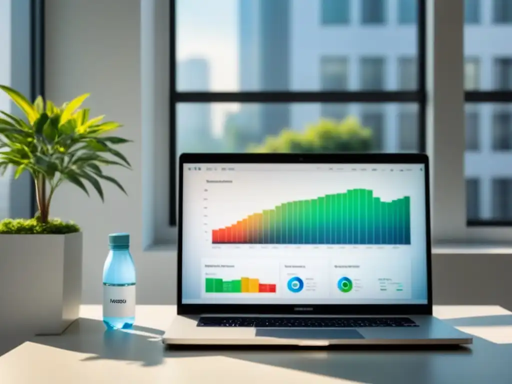 Oficina minimalista con laptop mostrando gráfico de reducción de residuos, planta y botella reutilizable, ideal para pequeñas empresas camino zero waste