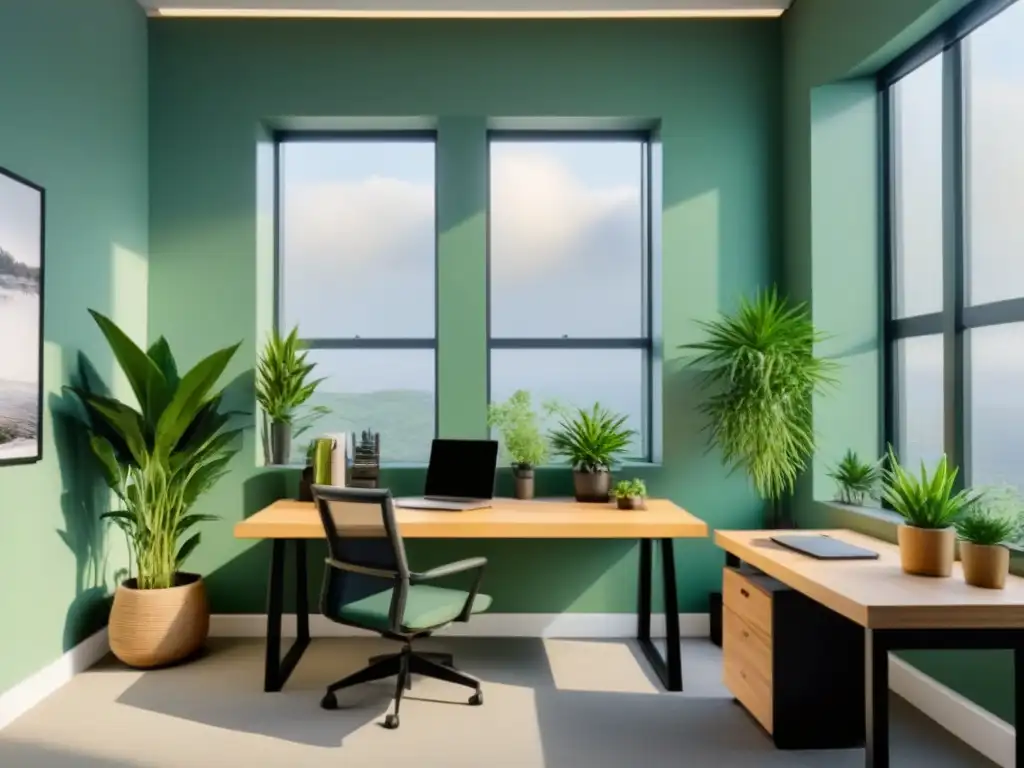 Oficina minimalista con muebles sostenibles, luz natural y plantas verdes