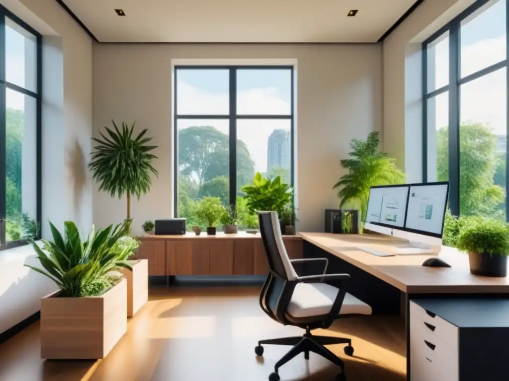 Oficina minimalista con vista a jardín verde, muebles modernos de madera y plantas