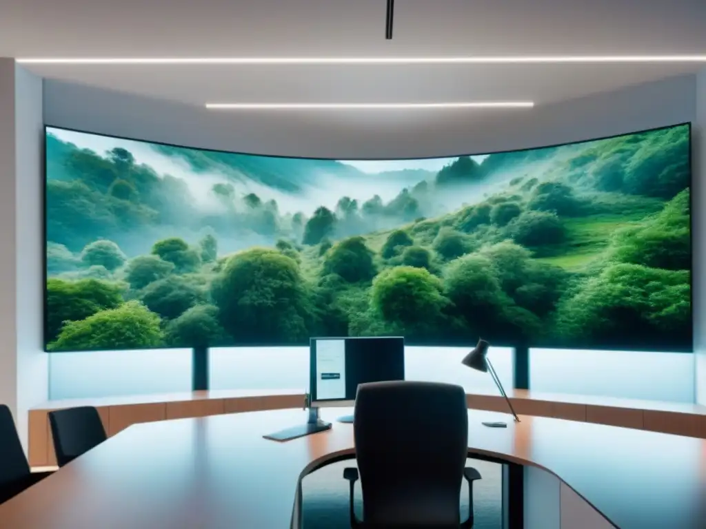 Oficina moderna con vistas a un bosque verde, muebles minimalistas y pantalla digital con datos