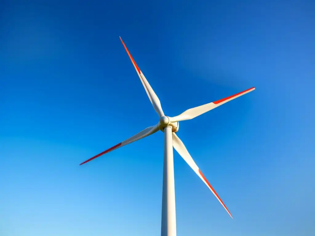 Turbinas eólicas modernas: elegancia y energía limpia Oportunidades inversión renovables transición energética: Molino de viento moderno girando en cielo azul claro