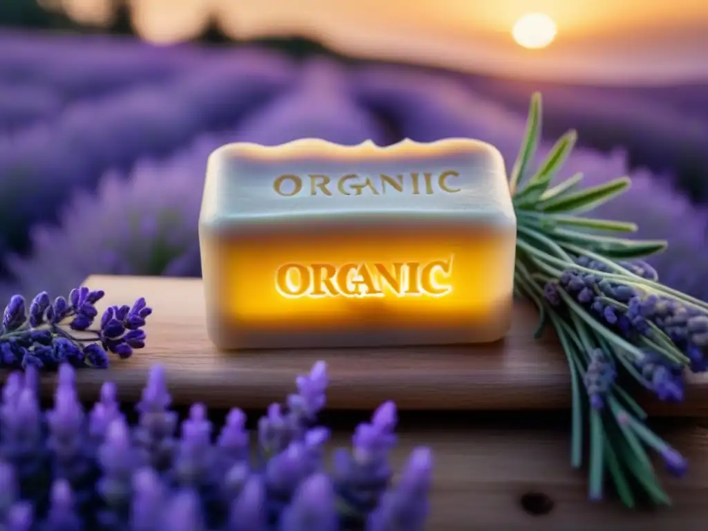 Jabón orgánico artesanal sobre lavanda, resaltando beneficios productos belleza ecológicos