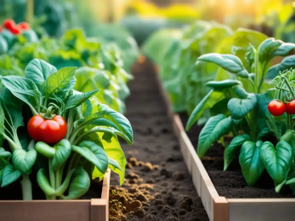 Un jardín orgánico vibrante y próspero con tomates, pepinos, pimientos y verduras bajo el cálido sol