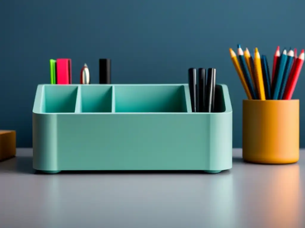 Un organizador de escritorio ecofriendly hecho de plástico reciclado del océano, con diseño minimalista y colores suaves