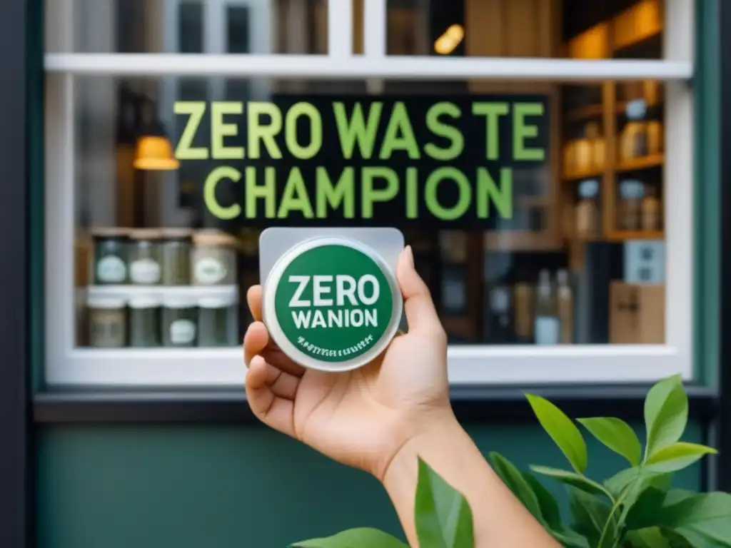 Orgulloso propietario de un negocio local muestra placa 'Negocios locales comprometidos zero waste' en su ventana ecofriendly