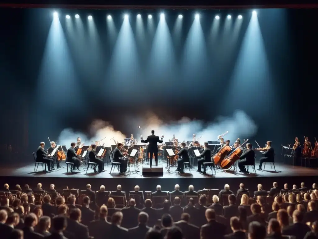 Una orquesta sinfónica en blanco y negro iluminada en el escenario, con músicos apasionados y un director sereno