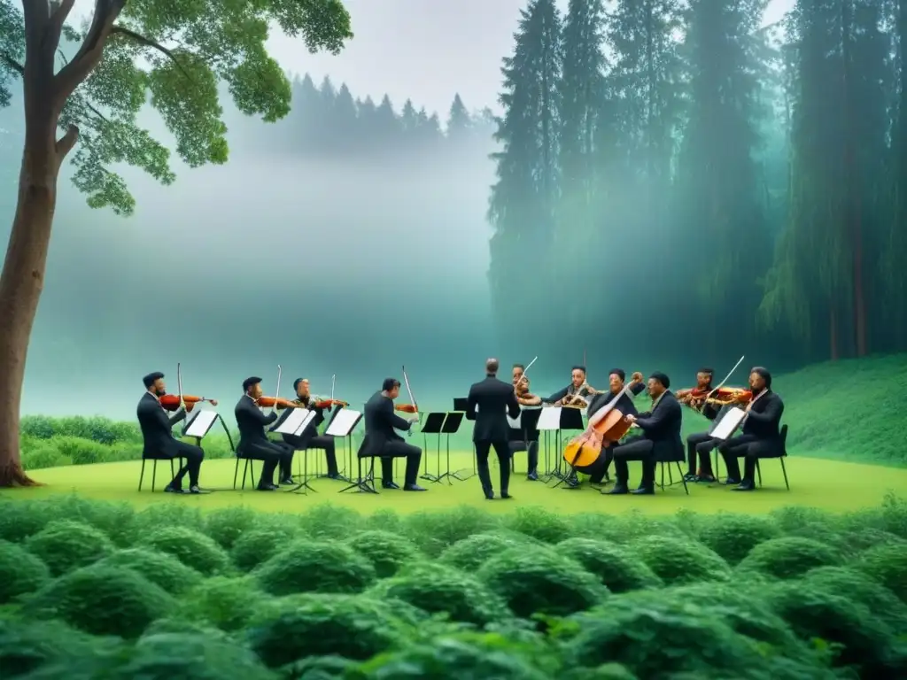 Orquesta sinfónica en bosque, ilustración detallada en 8k