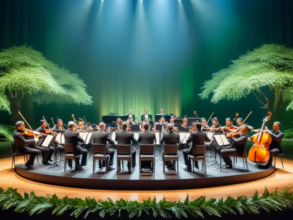 Una orquesta sinfónica interpretando en un escenario ecológico, mezclando música clásica y conservación ambiental