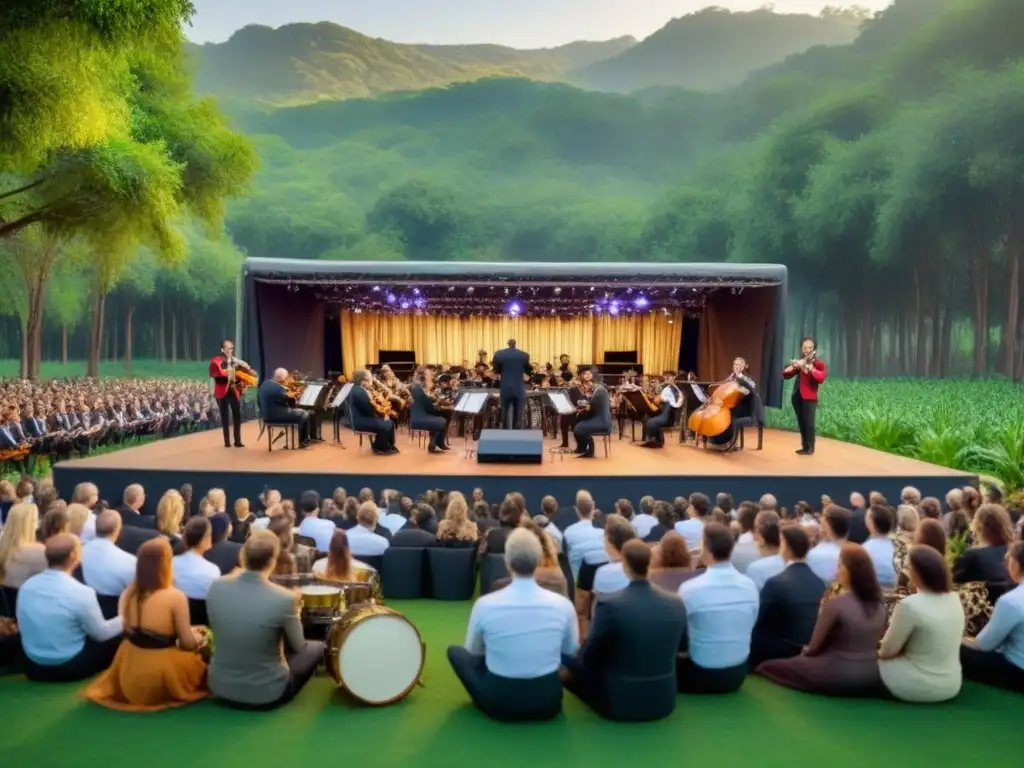 Una orquesta sostenible en armonía con la conciencia ambiental, rodeada de naturaleza y paneles solares