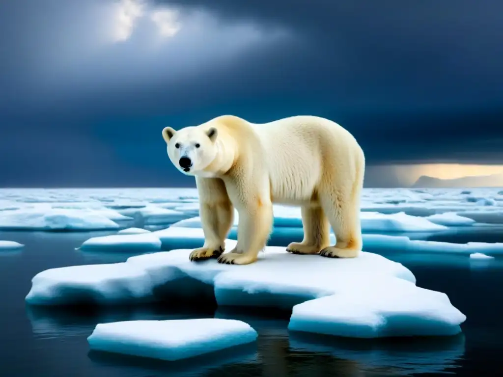 Oscura tormenta sobre oso polar en témpano derretido, simbolizando la relación cambio climático eventos meteorológicos