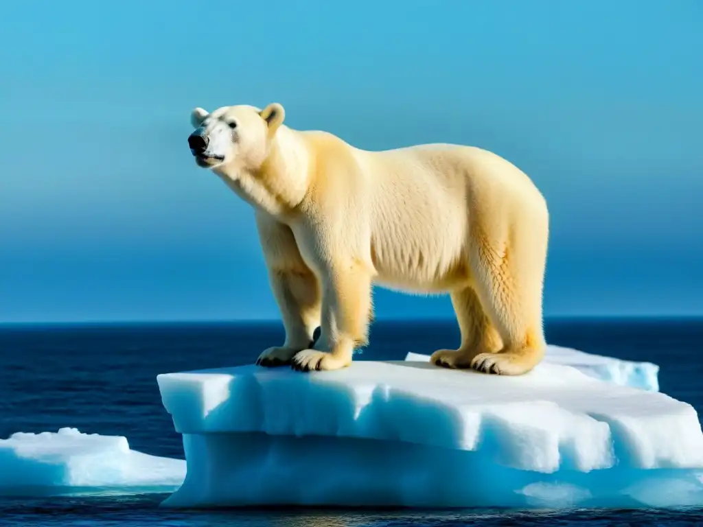 Un oso polar blanco imponente en un iceberg derritiéndose, reflejando vulnerabilidad y urgencia