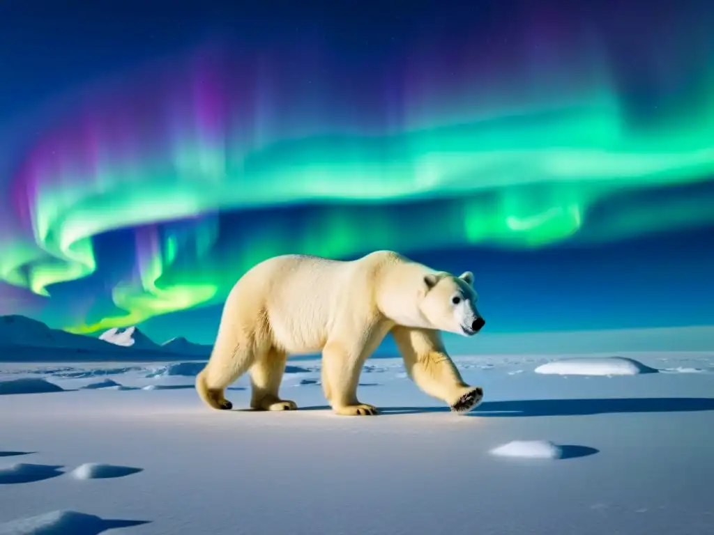 Un oso polar camina grácil en un paisaje helado bajo la aurora boreal, transmitiendo la paz del Ártico y las Expediciones responsables Polo Norte