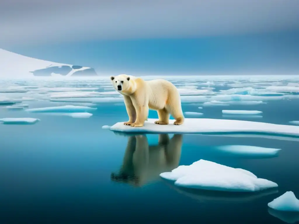 Oso polar en iceberg derritiéndose, reflejando el impacto del cambio climático en la naturaleza