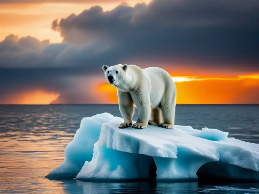 Un oso polar en iceberg derritiéndose frente al mar y un atardecer dramático