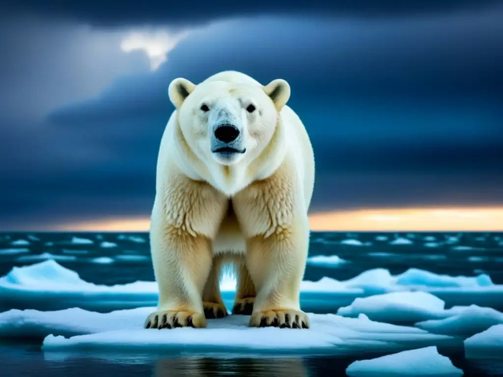 Un oso polar en un iceberg derritiéndose, bajo nubes de tormenta