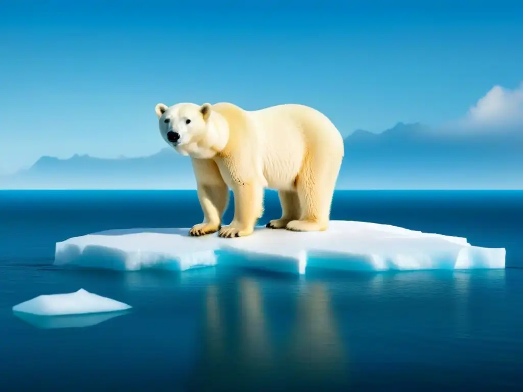 Un oso polar en un iceberg rodeado de desechos plásticos en un océano cristalino