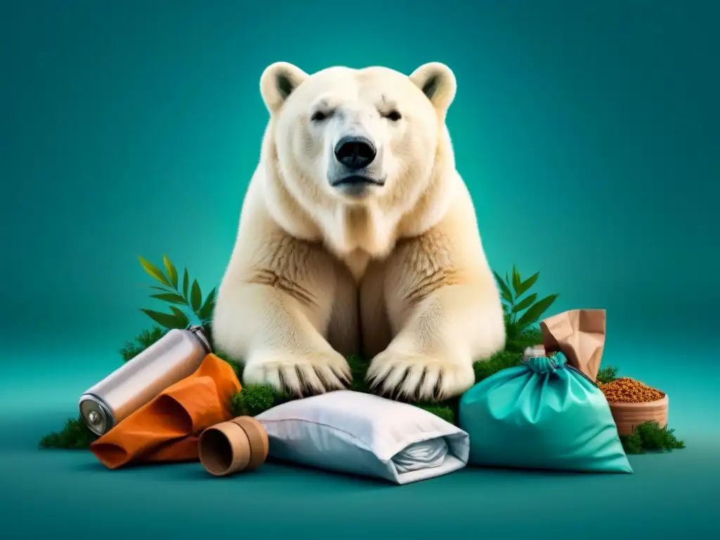 Un oso polar rodeado de productos zero waste, simbolizando innovaciones zero waste especies peligro