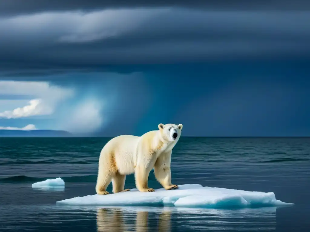 Un oso polar solitario en una banquisa derretida, reflejando la urgencia del cambio climático en la vida salvaje ártica