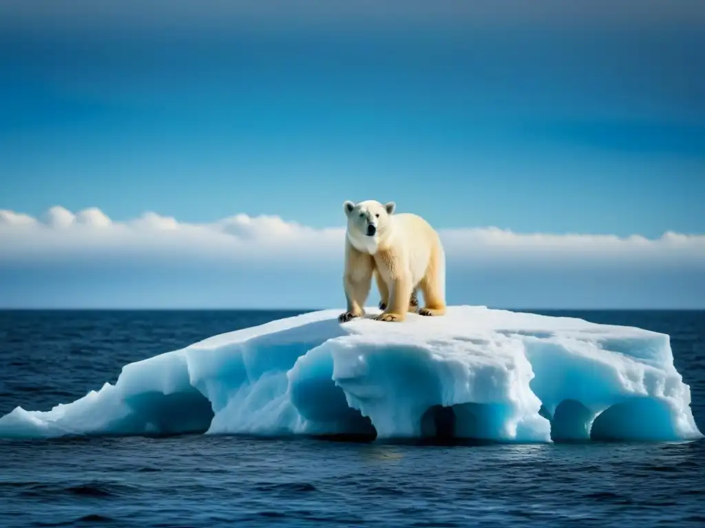 Oso polar solitario en iceberg derritiéndose, bajo cielo azul y vasto océano helado