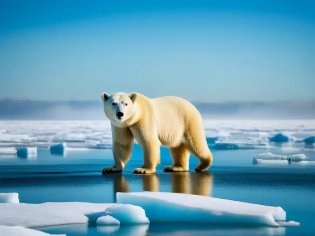 Un oso polar solitario sobre un iceberg derritiéndose, simbolizando el impacto del cambio climático en la vida silvestre ártica