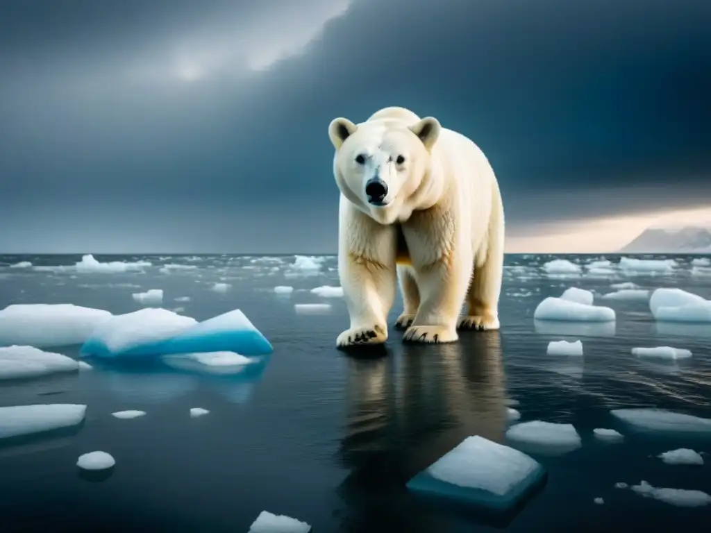 Un oso polar solitario en un iceberg derretido rodeado de desechos plásticos, bajo un cielo oscuro