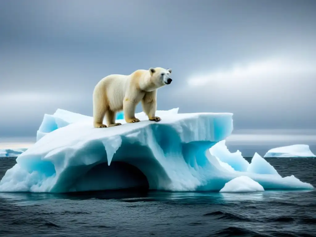 Un oso polar solitario en un iceberg derritiéndose bajo un cielo gris, reflejando el impacto del cambio climático en la biodiversidad global