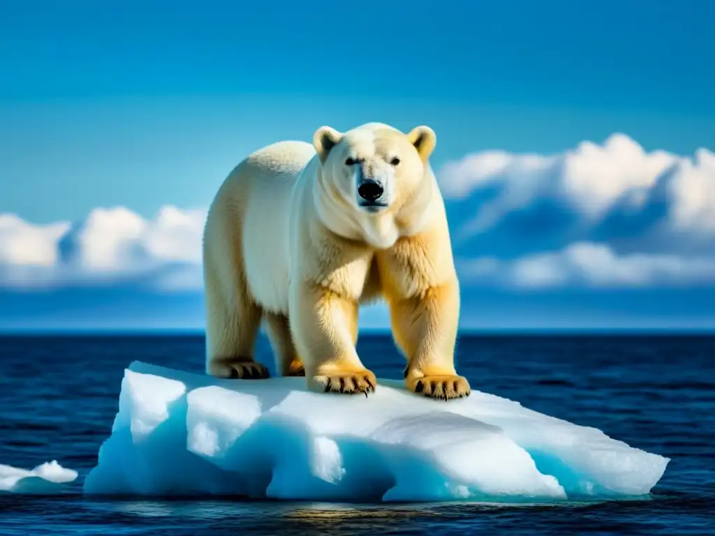 Oso polar solitario en iceberg derritiéndose bajo cielo azul