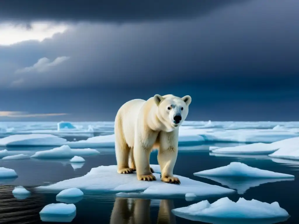 Un oso polar solitario en un iceberg derritiéndose bajo un cielo dramático y el sol