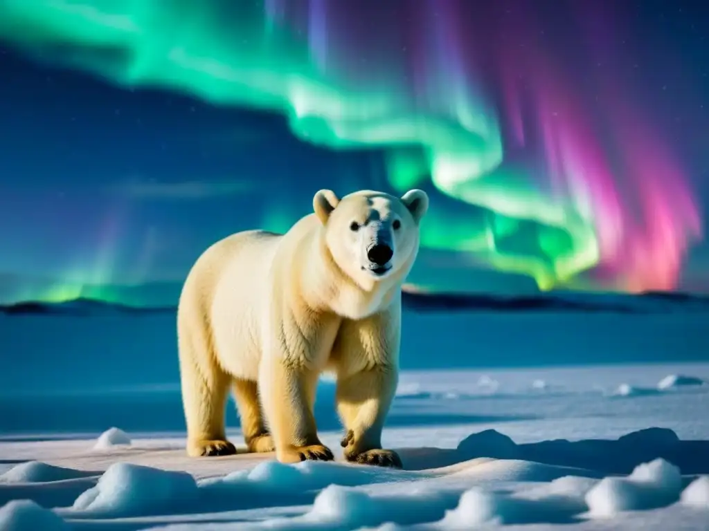 Un oso polar solitario en un paisaje helado bajo las luces del Norte