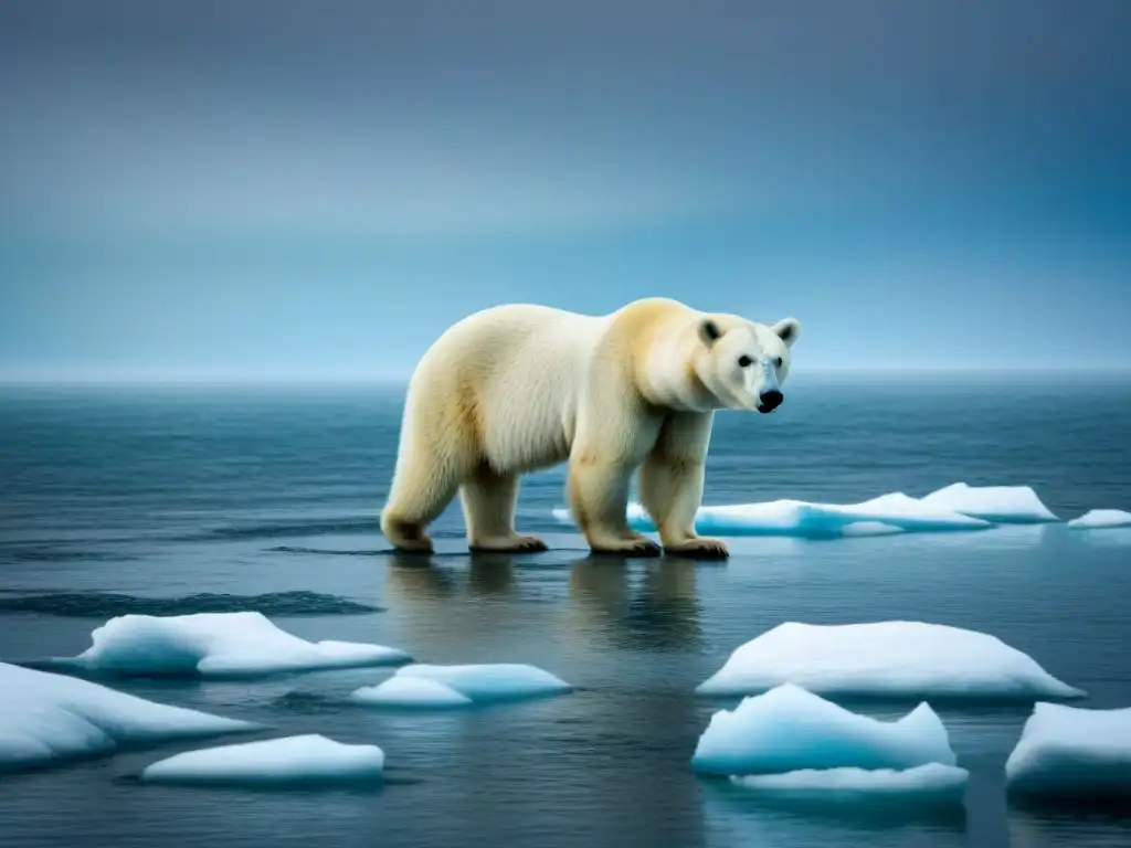 Un oso polar solitario en un témpano de hielo derritiéndose en un mar vasto, bajo un cielo brumoso con rastros de contaminación industrial