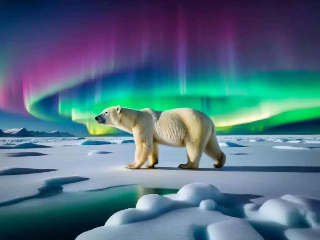 Un oso polar solitario en un vasto campo de hielo bajo la suave luz de la aurora boreal, transmitiendo la belleza frágil y la soledad del Ártico