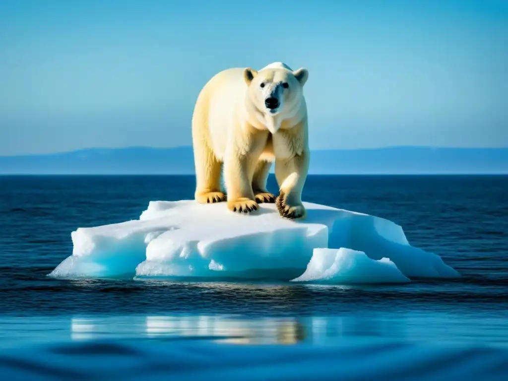 Un oso polar solitario y vulnerable en un iceberg derritiéndose, reflejando el impacto del cambio climático en la biodiversidad global