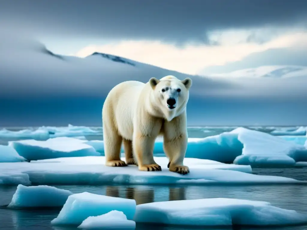 Un oso polar en un témpano de hielo derritiéndose, reflejando el impacto del cambio climático en la biodiversidad global