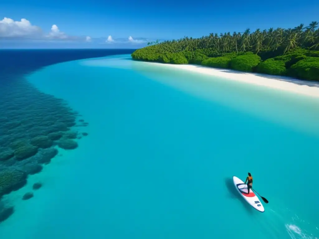 Un paddleboard ecológico flota en aguas turquesas con arrecife coralino, rodeado de naturaleza