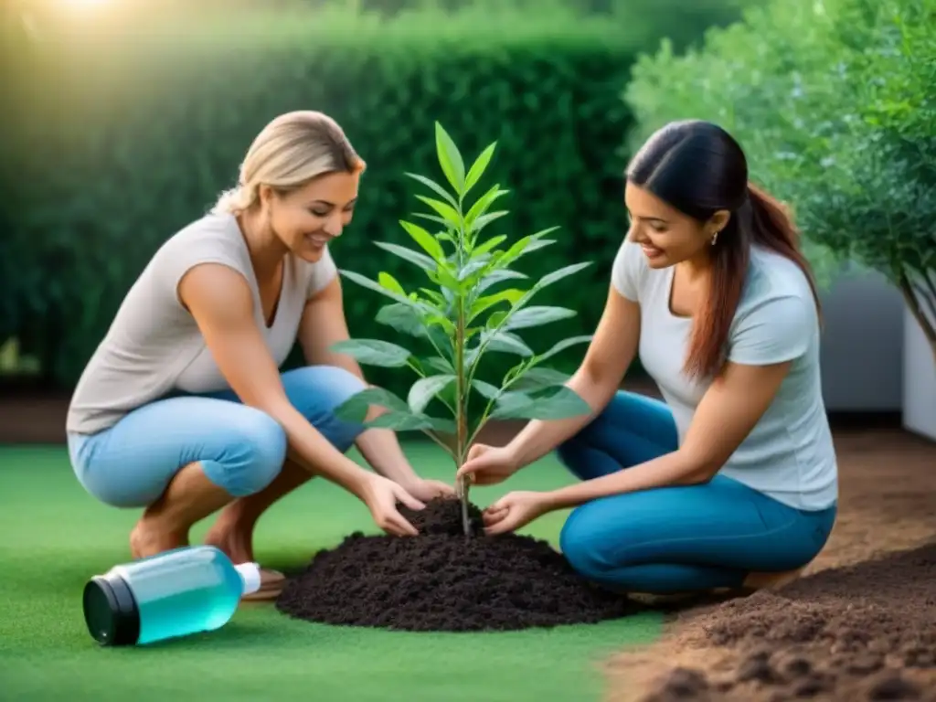 Padre e hijo plantan un árbol juntos en el jardín, rodeados de objetos zero waste