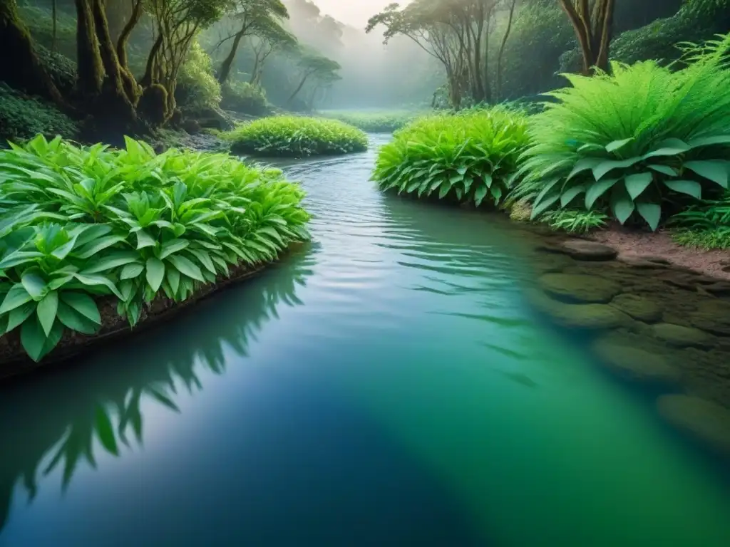 Paisaje acuático sereno en un bosque verde con vida acuática diversa