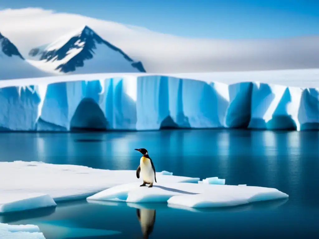 Paisaje antártico prístino con un pingüino solitario en un glaciar, rodeado de aguas cristalinas y montañas nevadas