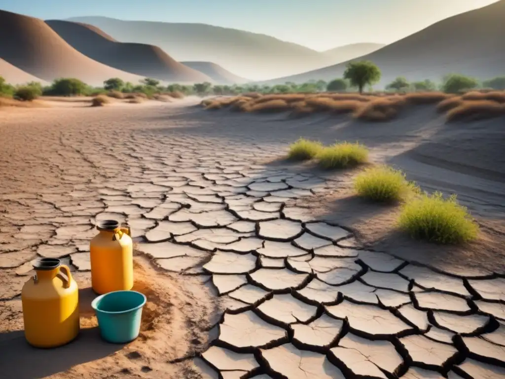 Paisaje árido con tierra agrietada y población vulnerable luchando por agua