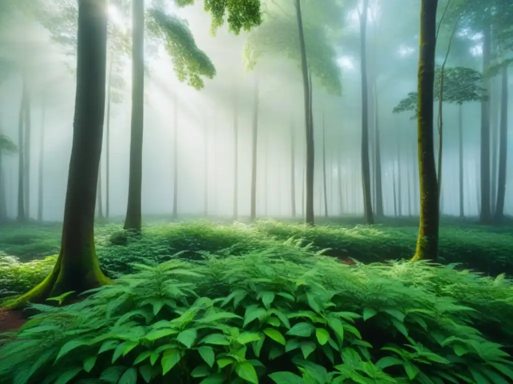 Paisaje boscoso tranquilo con árboles altos y follaje verde vibrante, transmitiendo armonía con la naturaleza