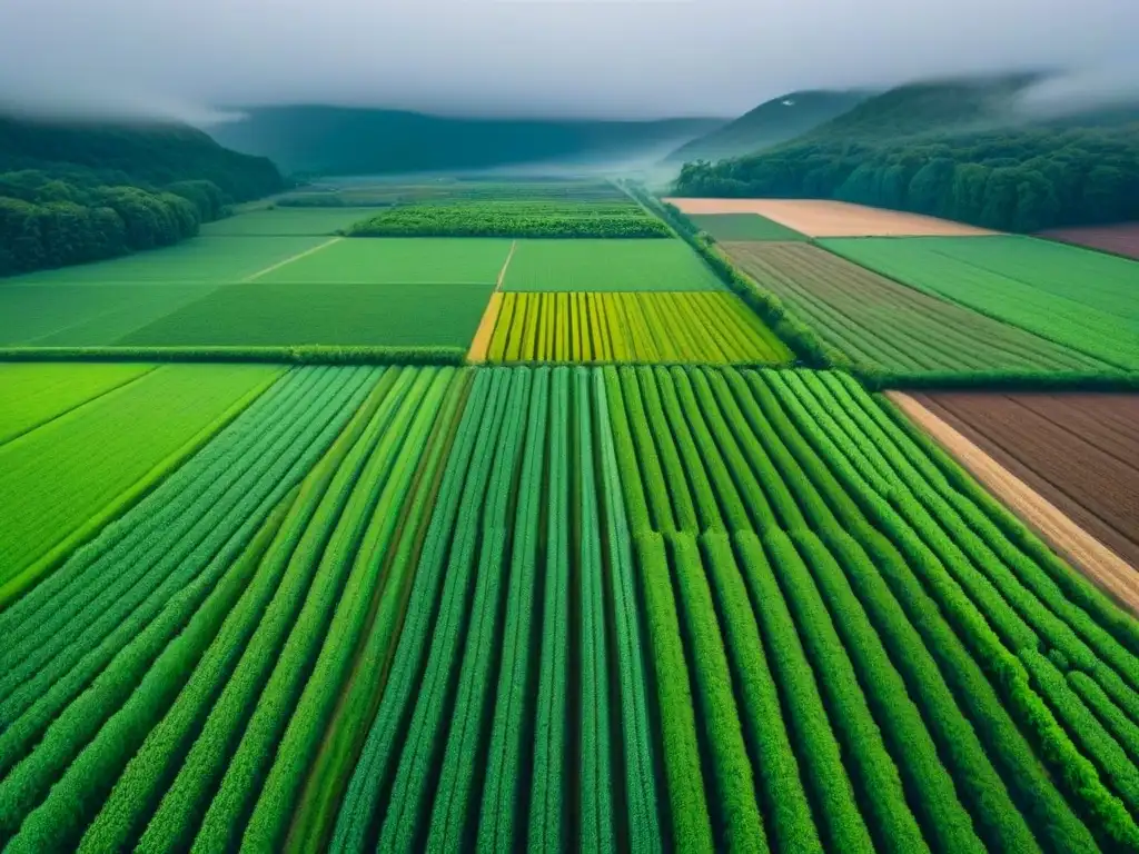 Armonía verde: paisaje agrícola con corredores forestales Un paisaje de campos agrícolas y bosques con corredores biológicos
